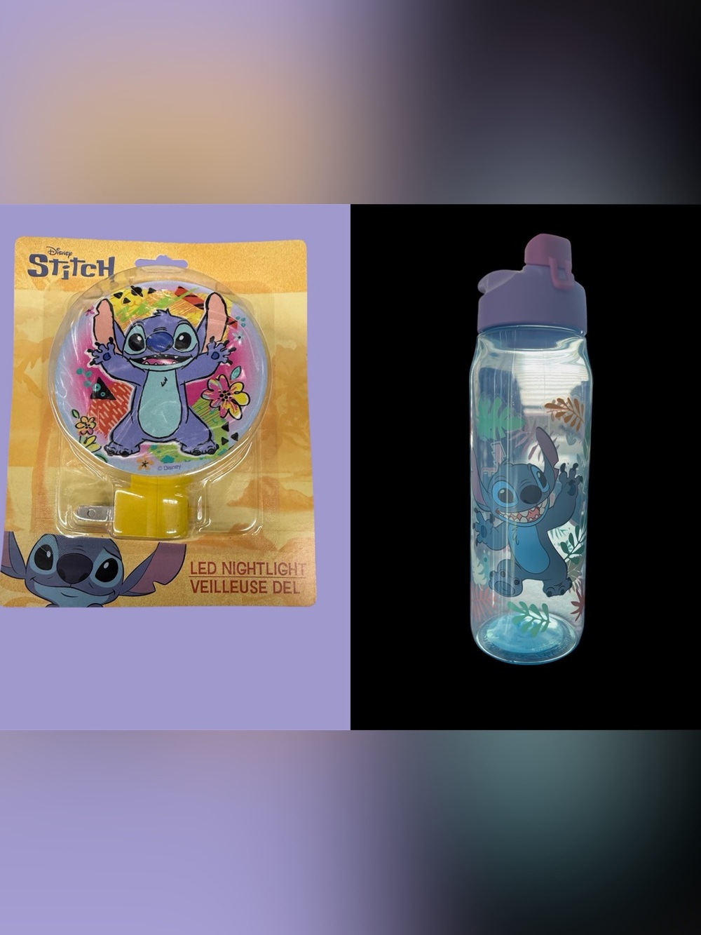 Disney Stitch Nightlight and Water Bottle - Blue & Purple